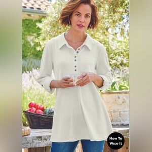 Soft Surroundings Take It Easy Cream Button-Up Tunic Knit Comfy Flattering